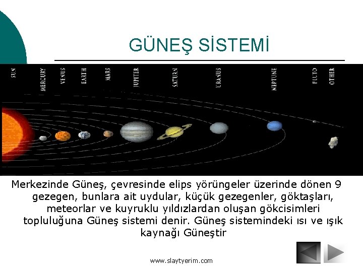 GÜNEŞ SİSTEMİ Merkezinde Güneş, çevresinde elips yörüngeler üzerinde dönen 9 gezegen, bunlara ait uydular,