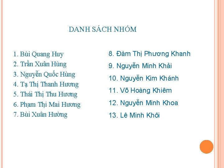 DANH SÁCH NHÓM 1. Bùi Quang Huy 2. Trần Xuân Hùng 3. Nguyễn Quốc DANH SÁCH NHÓM 1. Bùi Quang Huy 2. Trần Xuân Hùng 3. Nguyễn Quốc