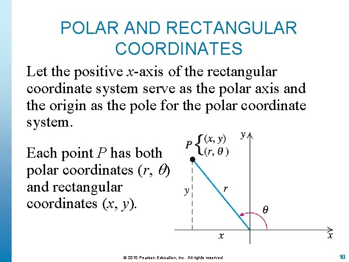 POLAR AND RECTANGULAR COORDINATES Let the positive x-axis of the rectangular coordinate system serve