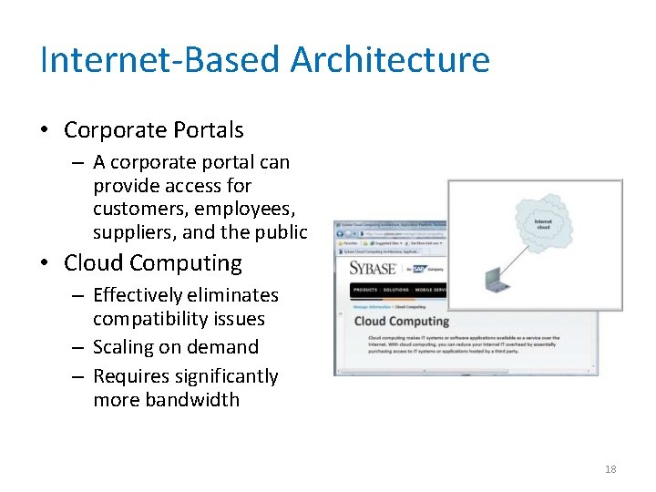 Internet-Based Architecture • Corporate Portals – A corporate portal can provide access for customers,