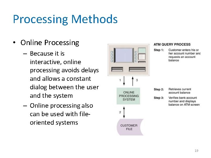 Processing Methods • Online Processing – Because it is interactive, online processing avoids delays