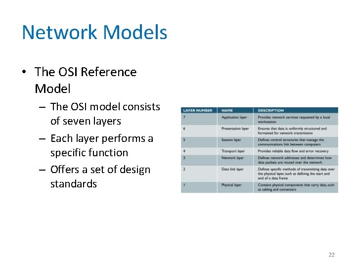 Network Models • The OSI Reference Model – The OSI model consists of seven