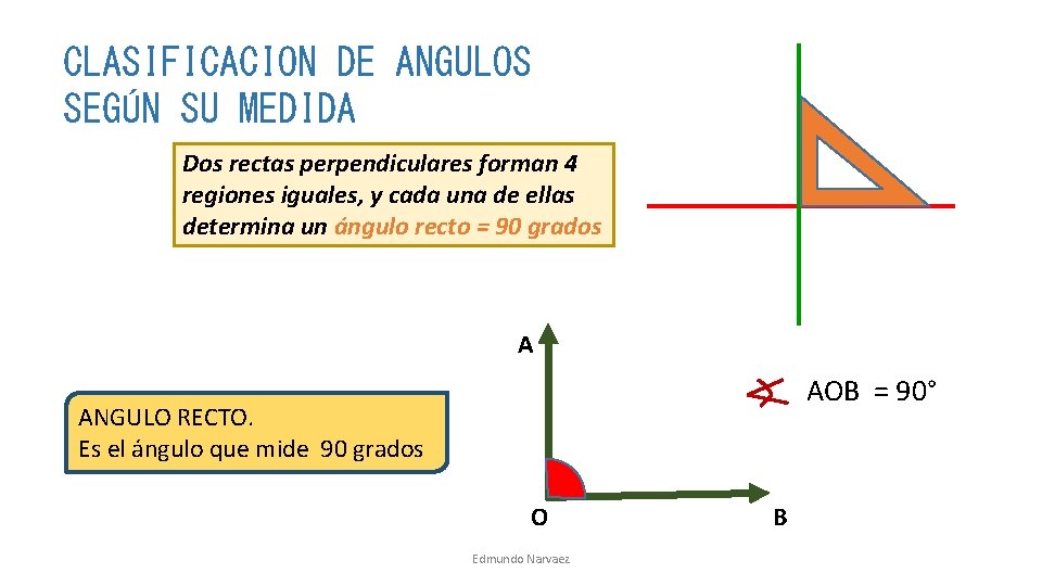 CLASIFICACION DE ANGULOS SEGÚN SU MEDIDA Dos rectas perpendiculares forman 4 regiones iguales, y CLASIFICACION DE ANGULOS SEGÚN SU MEDIDA Dos rectas perpendiculares forman 4 regiones iguales, y