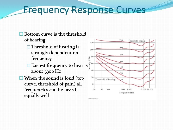 Frequency Response Curves � Bottom curve is the threshold of hearing � Threshold of