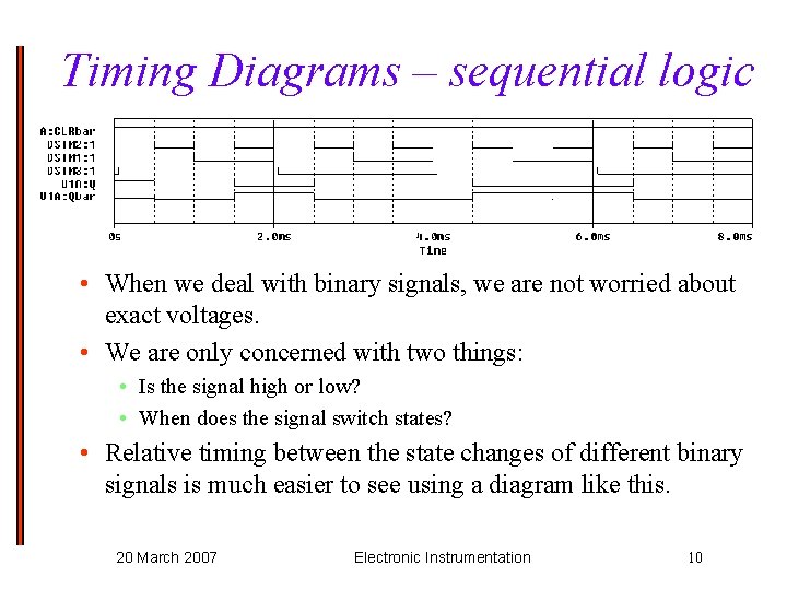 Timing Diagrams – sequential logic • When we deal with binary signals, we are