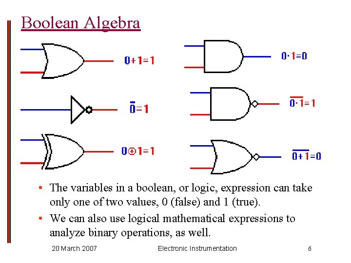 Boolean Algebra • The variables in a boolean, or logic, expression can take only