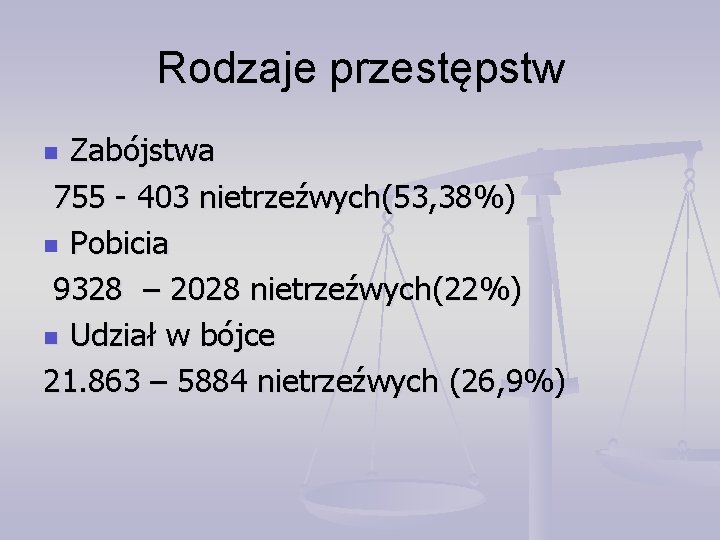 Rodzaje przestępstw Zabójstwa 755 - 403 nietrzeźwych(53, 38%) n Pobicia 9328 – 2028 nietrzeźwych(22%)