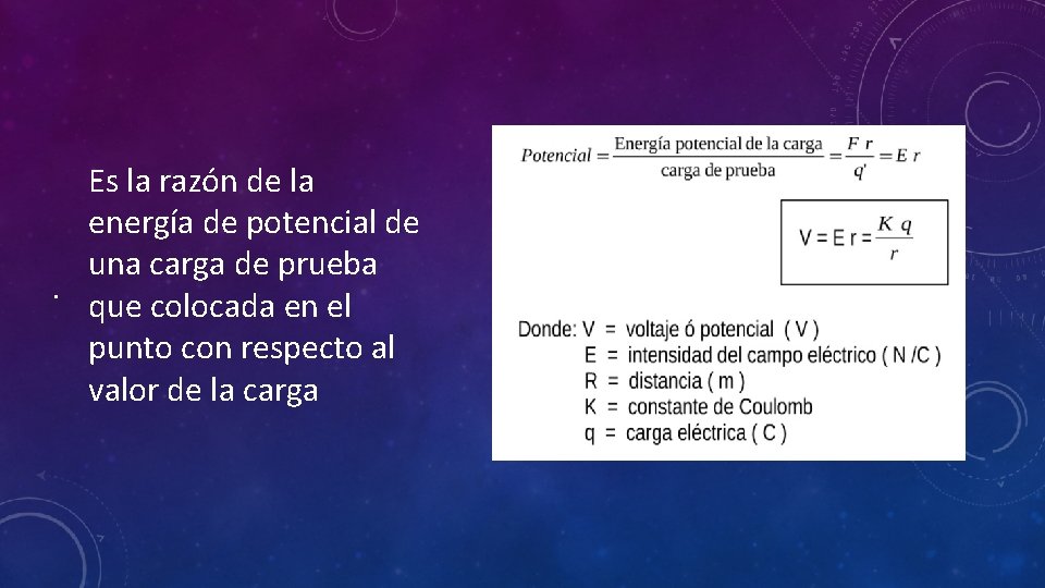 Es la razón de la energía de potencial de una carga de prueba. que