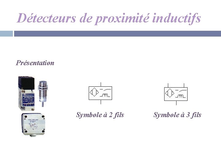 Détecteurs de proximité inductifs Présentation Symbole à 2 fils Symbole à 3 fils 
