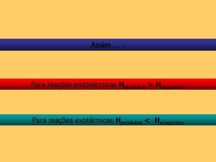 Assim. . . Para reações endotérmicas Hprodutos > Hreagentes Para reações exotérmicas Hprodutos <
