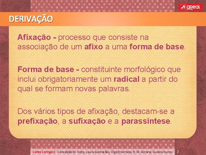 DERIVAÇÃO Afixação - processo que consiste na associação de um afixo a uma forma