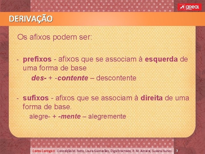 DERIVAÇÃO Os afixos podem ser: - prefixos - afixos que se associam à esquerda