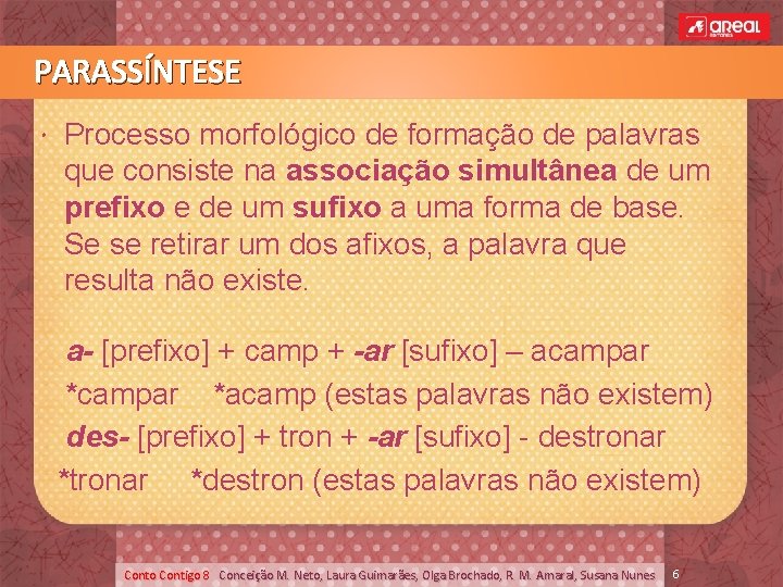 PARASSÍNTESE Processo morfológico de formação de palavras que consiste na associação simultânea de um