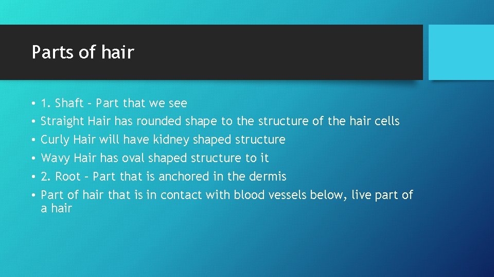 Parts of hair • • • 1. Shaft – Part that we see Straight