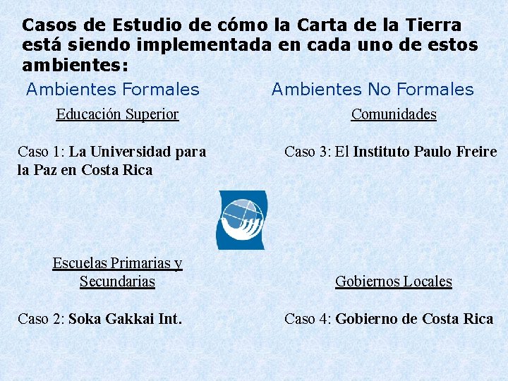 Casos de Estudio de cómo la Carta de la Tierra está siendo implementada en