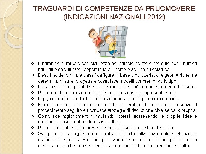 TRAGUARDI DI COMPETENZE DA PRUOMOVERE (INDICAZIONI NAZIONALI 2012) Il bambino si muove con sicurezza