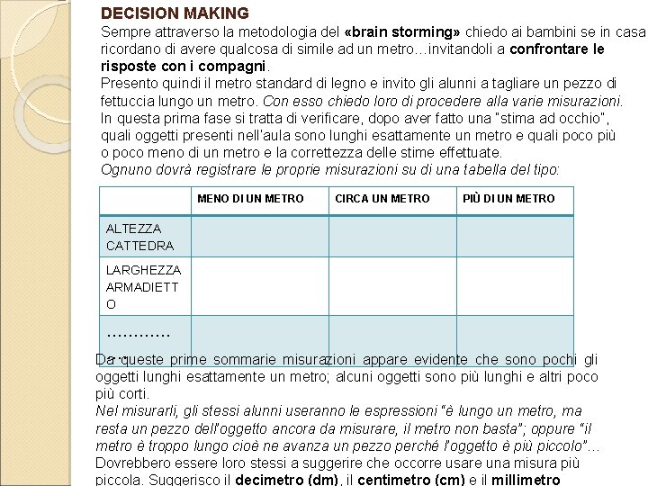 DECISION MAKING Sempre attraverso la metodologia del «brain storming» chiedo ai bambini se in