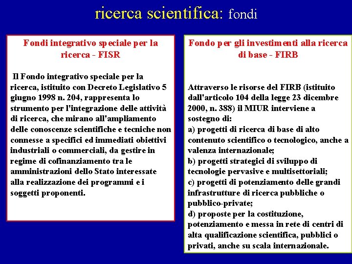 ricerca scientifica: fondi Fondi integrativo speciale per la ricerca - FISR Il Fondo integrativo