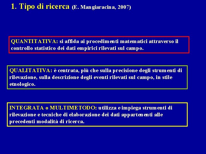 1. Tipo di ricerca (E. Mangiaracina, 2007) QUANTITATIVA: si affida ai procedimenti matematici attraverso