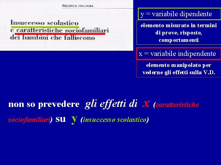 y = variabile dipendente elemento misurato in termini di prove, risposte, comportamenti x =