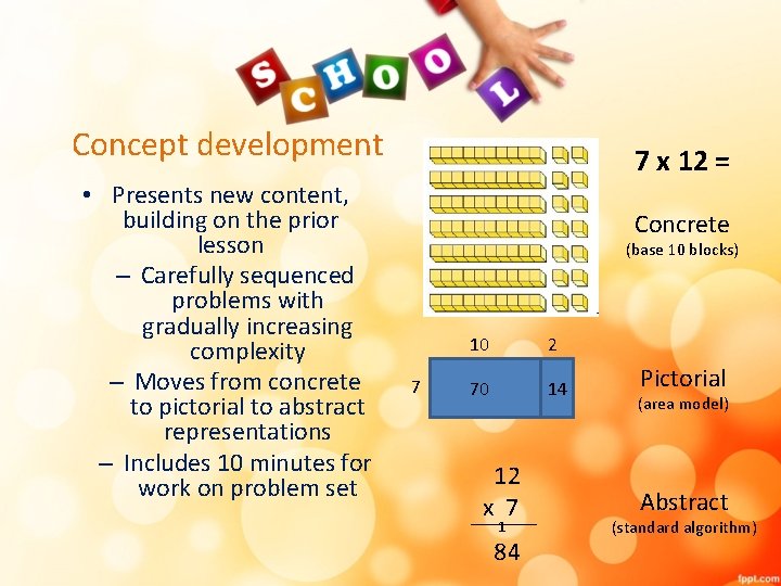 Concept development • Presents new content, building on the prior lesson – Carefully sequenced