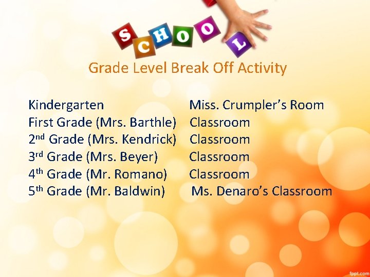 Grade Level Break Off Activity Kindergarten Miss. Crumpler’s Room First Grade (Mrs. Barthle) Classroom