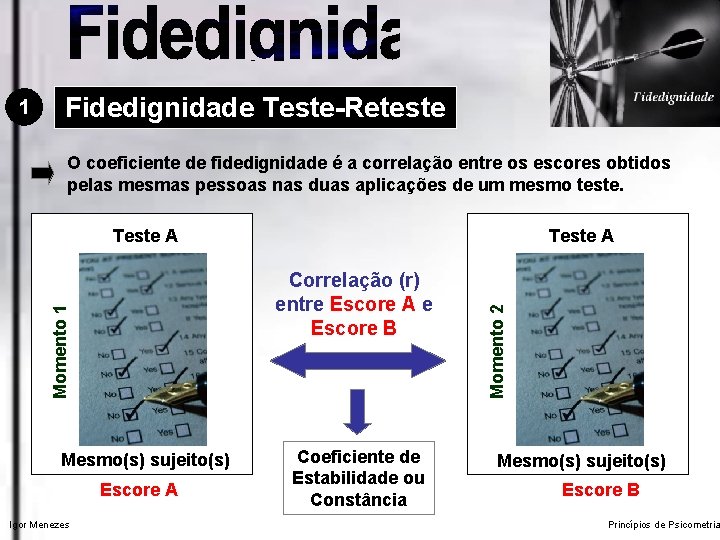 1 Fidedignidade Teste-Reteste O coeficiente de fidedignidade é a correlação entre os escores obtidos