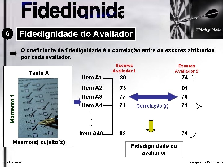 Fidedignidade do Avaliador 6 O coeficiente de fidedignidade é a correlação entre os escores