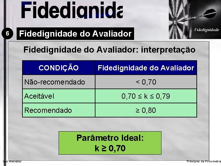 6 Fidedignidade do Avaliador: interpretação CONDIÇÃO Não-recomendado Aceitável Recomendado Fidedignidade do Avaliador < 0,