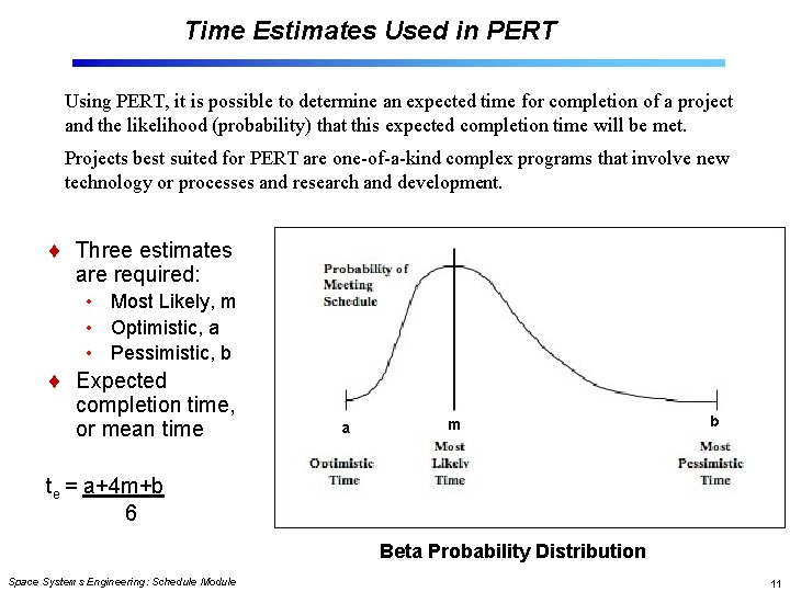 Time Estimates Used in PERT Using PERT, it is possible to determine an expected