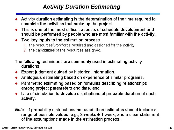 Activity Duration Estimating Activity duration estimating is the determination of the time required to