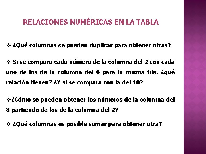 RELACIONES NUMÉRICAS EN LA TABLA v ¿Qué columnas se pueden duplicar para obtener otras?