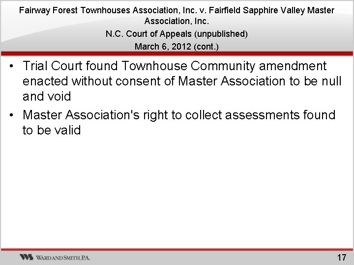 Fairway Forest Townhouses Association, Inc. v. Fairfield Sapphire Valley Master Association, Inc. N. C. Fairway Forest Townhouses Association, Inc. v. Fairfield Sapphire Valley Master Association, Inc. N. C.