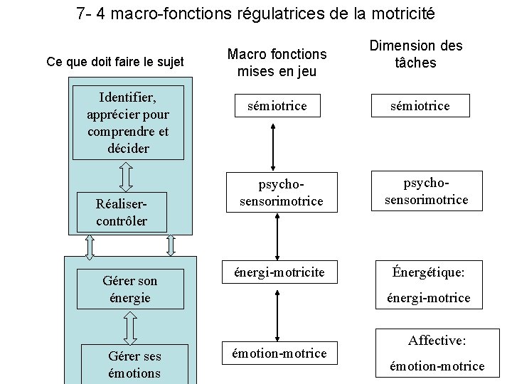 7 - 4 macro-fonctions régulatrices de la motricité Ce que doit faire le sujet