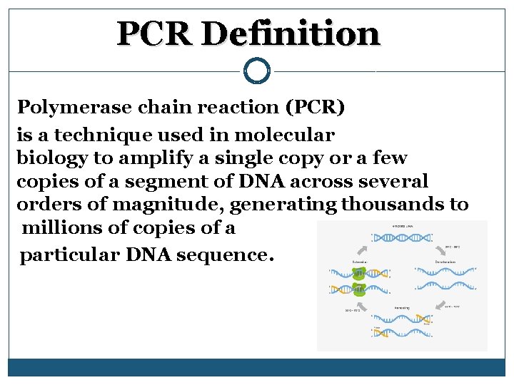 PCR Definition Polymerase chain reaction (PCR) is a technique used in molecular biology to