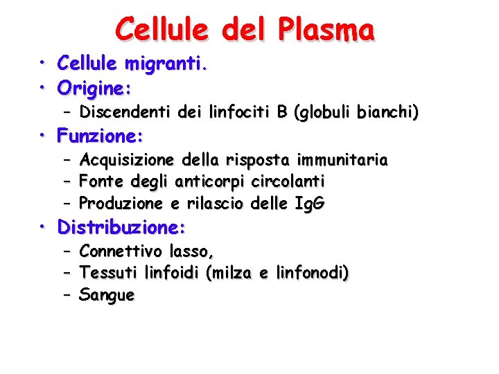 Cellule del Plasma • Cellule migranti. • Origine: – Discendenti dei linfociti B (globuli