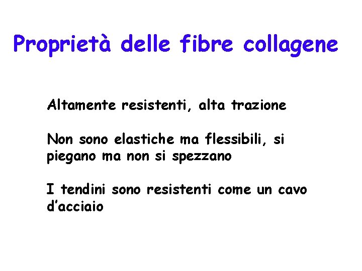 Proprietà delle fibre collagene Altamente resistenti, alta trazione Non sono elastiche ma flessibili, si