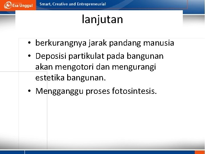 lanjutan • berkurangnya jarak pandang manusia • Deposisi partikulat pada bangunan akan mengotori dan