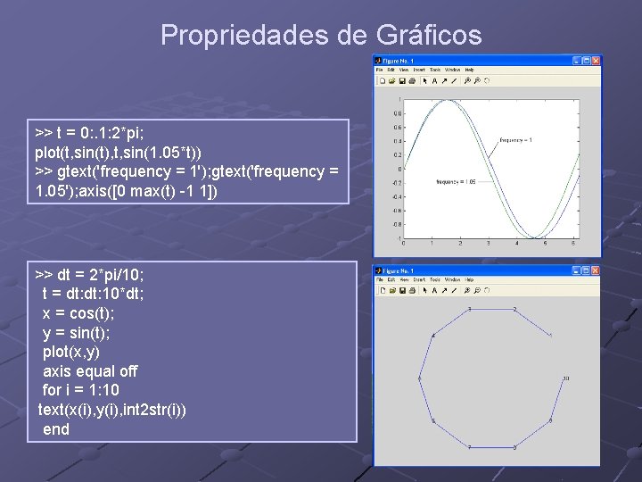Propriedades de Gráficos >> t = 0: . 1: 2*pi; plot(t, sin(t), t, sin(1. Propriedades de Gráficos >> t = 0: . 1: 2*pi; plot(t, sin(t), t, sin(1.