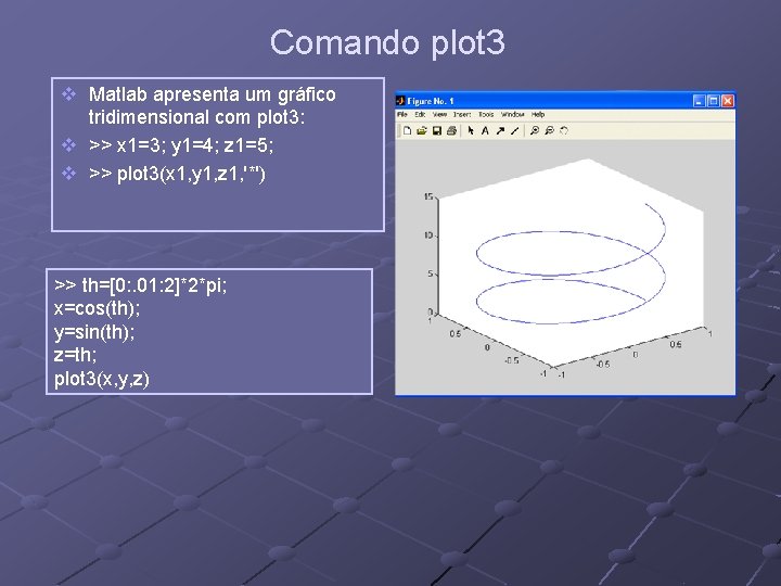 Comando plot 3 v Matlab apresenta um gráfico tridimensional com plot 3: v >> Comando plot 3 v Matlab apresenta um gráfico tridimensional com plot 3: v >>