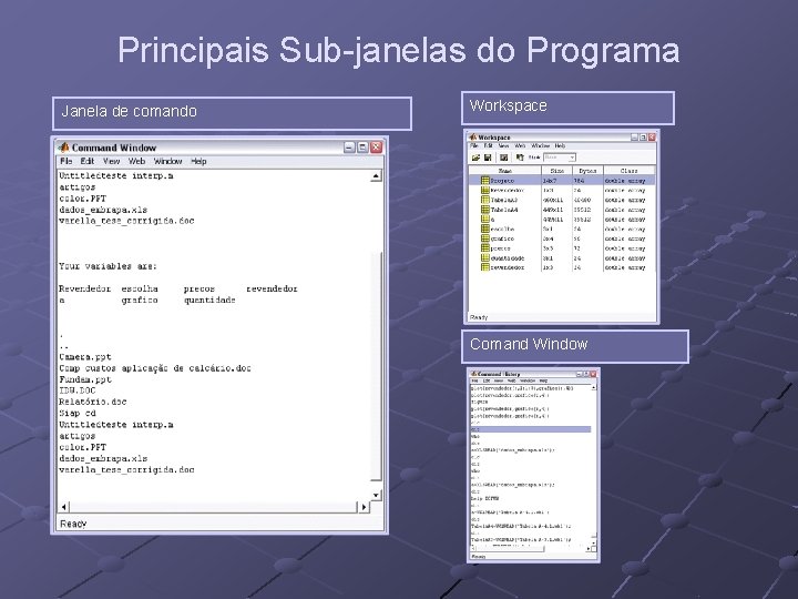 Principais Sub-janelas do Programa Janela de comando Workspace Comand Window Principais Sub-janelas do Programa Janela de comando Workspace Comand Window