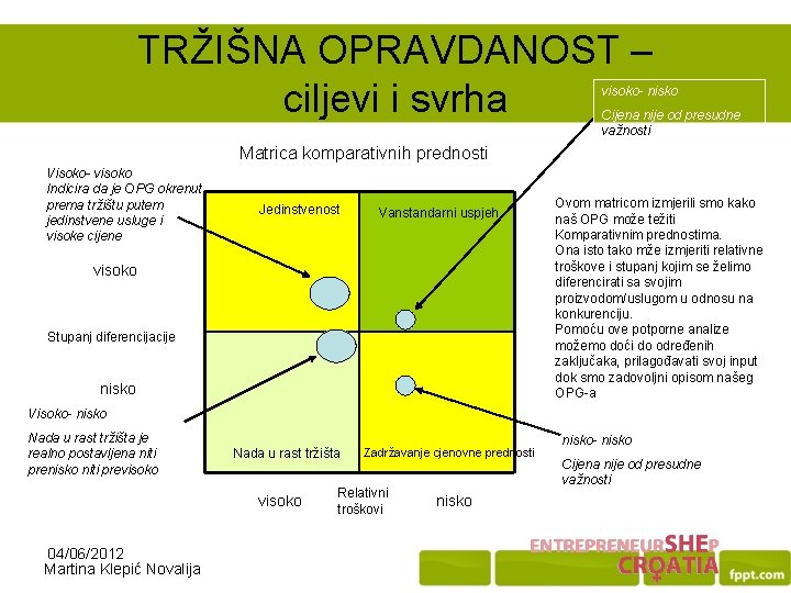 TRŽIŠNA OPRAVDANOST – ciljevi i svrha visoko- nisko Cijena nije od presudne važnosti Matrica