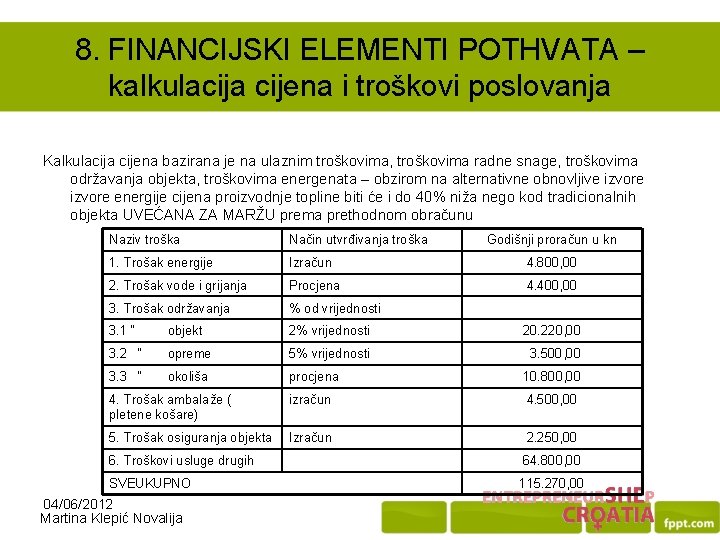 8. FINANCIJSKI ELEMENTI POTHVATA – kalkulacija cijena i troškovi poslovanja Kalkulacija cijena bazirana je