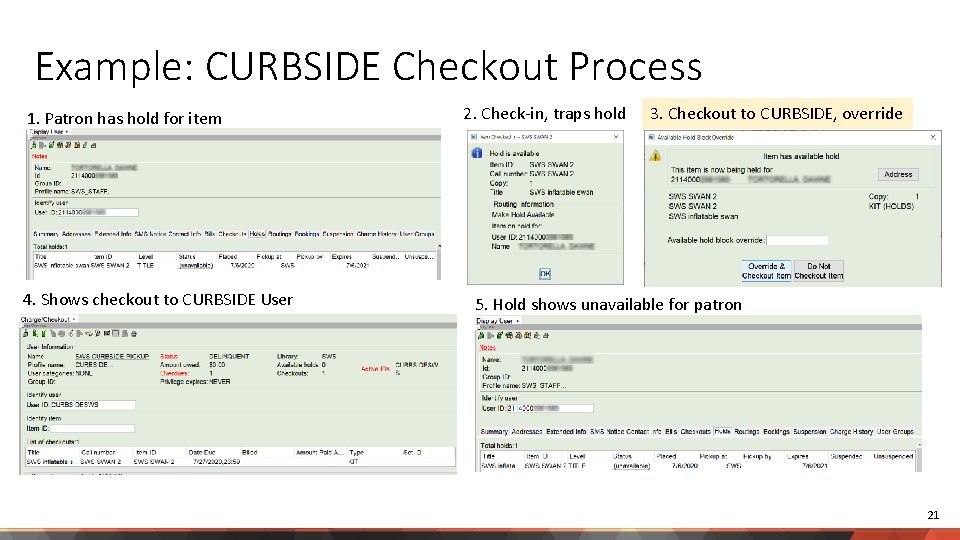 Example: CURBSIDE Checkout Process 1. Patron has hold for item 4. Shows checkout to