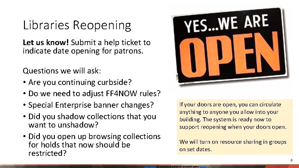 Libraries Reopening Let us know! Submit a help ticket to indicate date opening for
