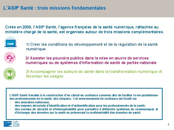 L’ASIP Santé : trois missions fondamentales Créée en 2009, l’ASIP Santé, l’agence française de