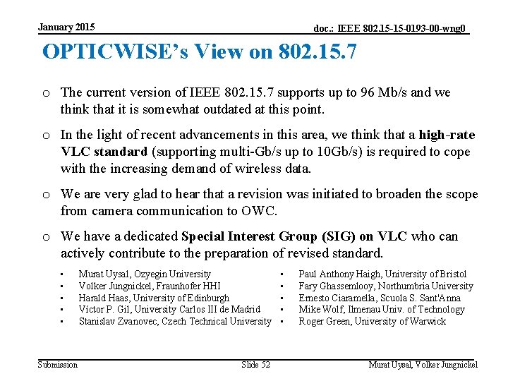 January 2015 doc. : IEEE 802. 15 -15 -0193 -00 -wng 0 OPTICWISE’s View