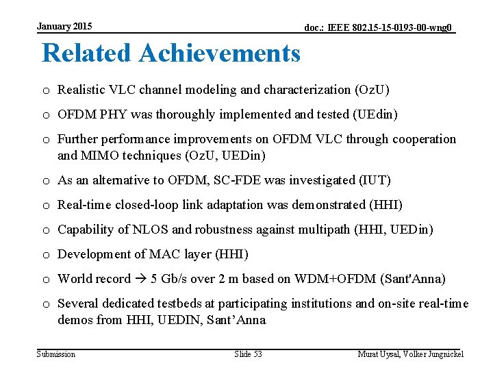 January 2015 doc. : IEEE 802. 15 -15 -0193 -00 -wng 0 Related Achievements