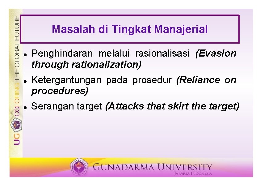 Masalah di Tingkat Manajerial Penghindaran melalui rasionalisasi (Evasion through rationalization) Ketergantungan pada prosedur (Reliance