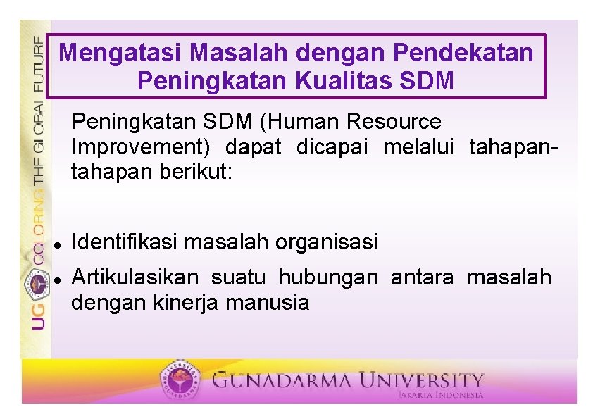 Mengatasi Masalah dengan Pendekatan Peningkatan Kualitas SDM Peningkatan SDM (Human Resource Improvement) dapat dicapai